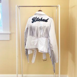 NastyGal "Hitched" fringed white leather wedding jacket, Size S